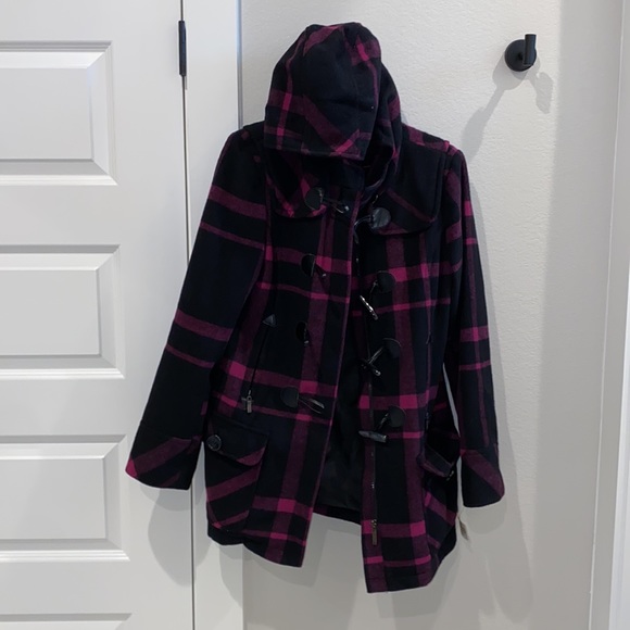 EUC Steve Madden Size L Large Plaid Hooded Pea Coat Jacket With Toggles Pockets - Picture 6 of 13